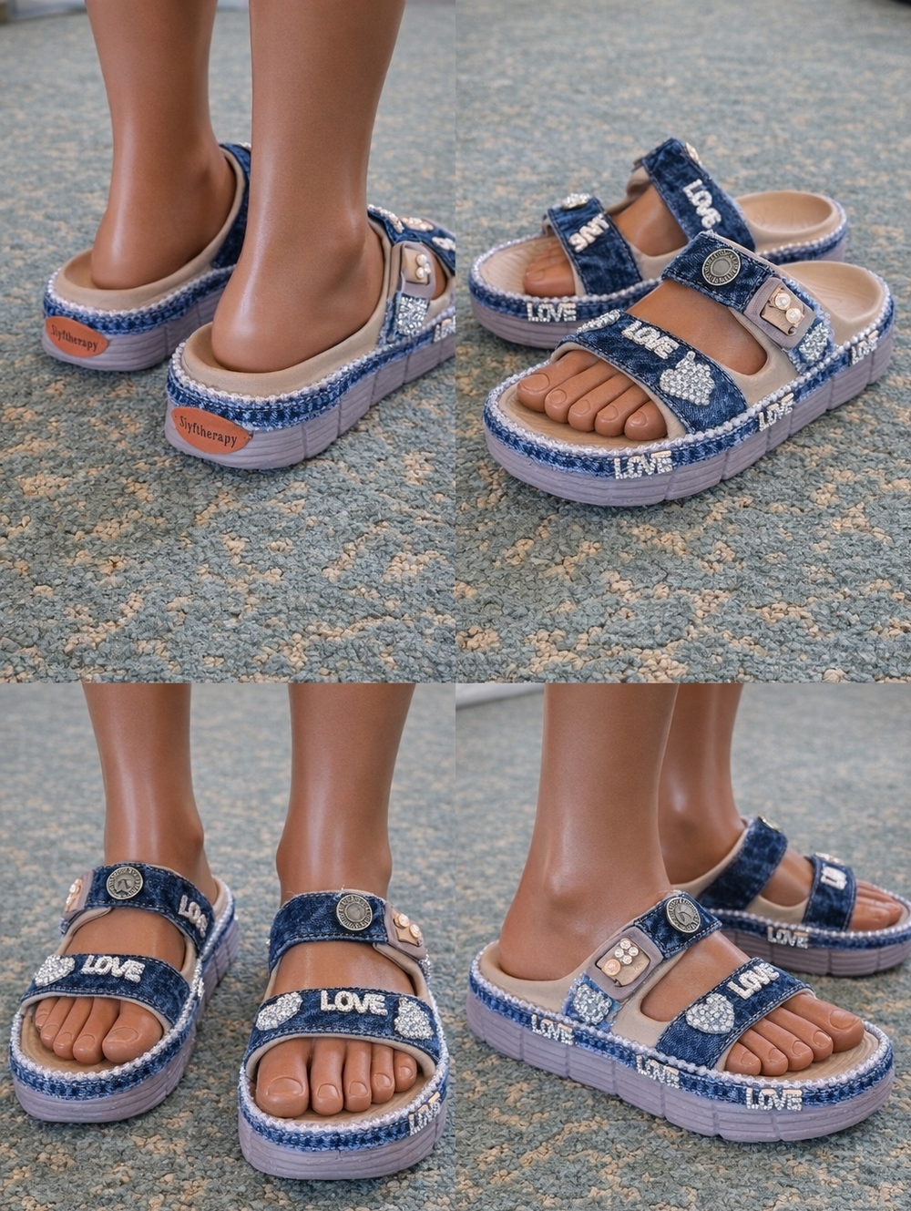 Womens Upcyled Denim Platform Sandals - Blue